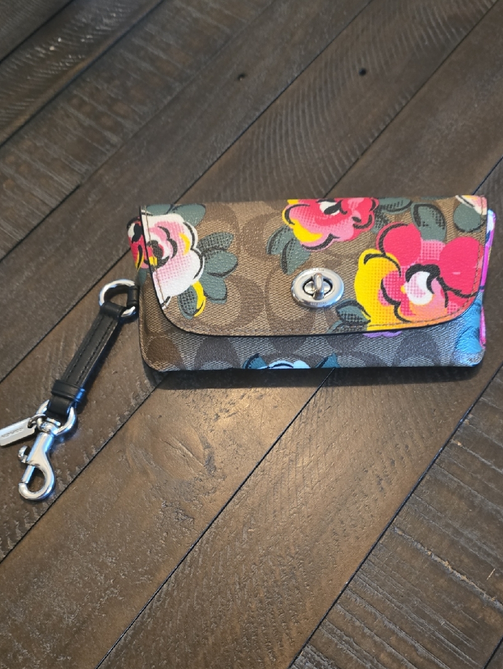 Coach Floral Signature Canvas Glasses Case in Brown with Pink & Yellow Flowers